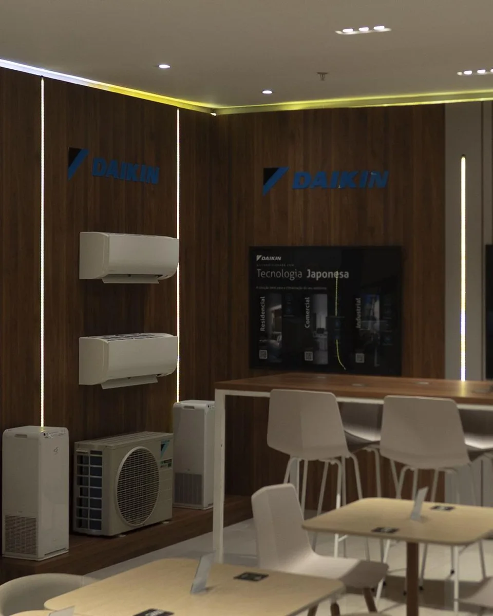 Espaço de exposição Daikin com equipamentos de climatização na Sala VIP de Manaus